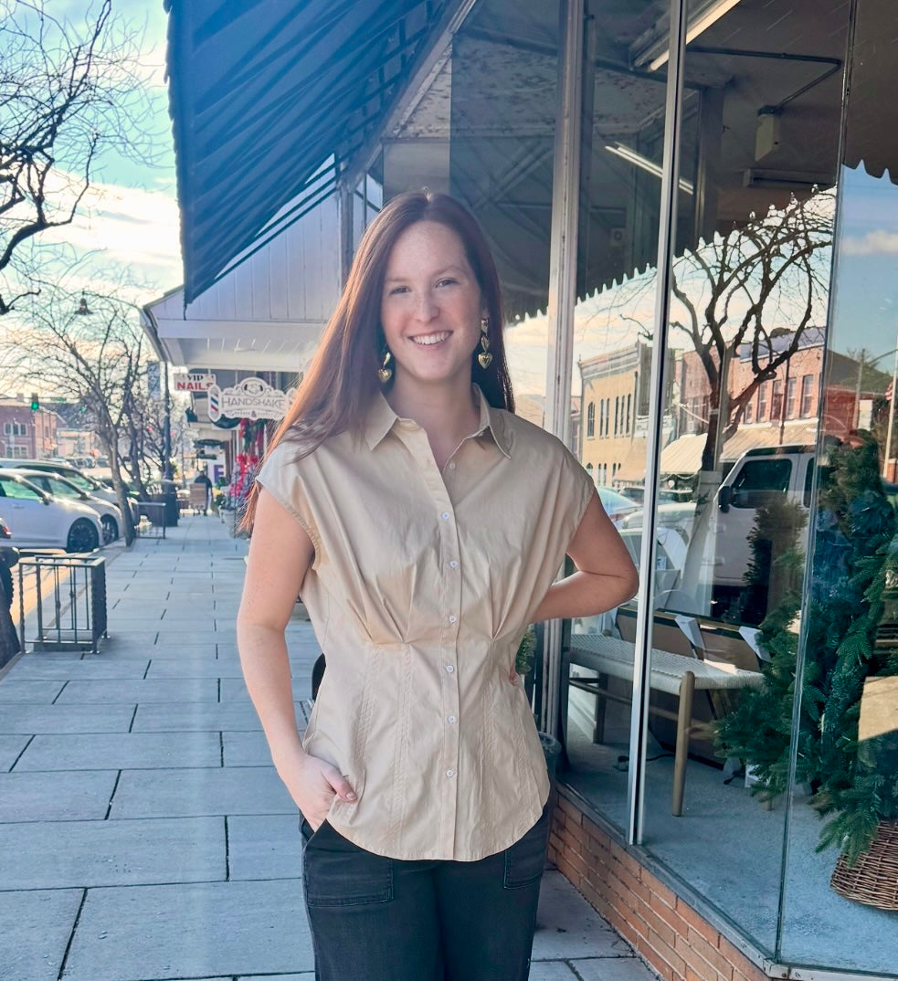 Pleated Cap Sleeve Blouse - Tan