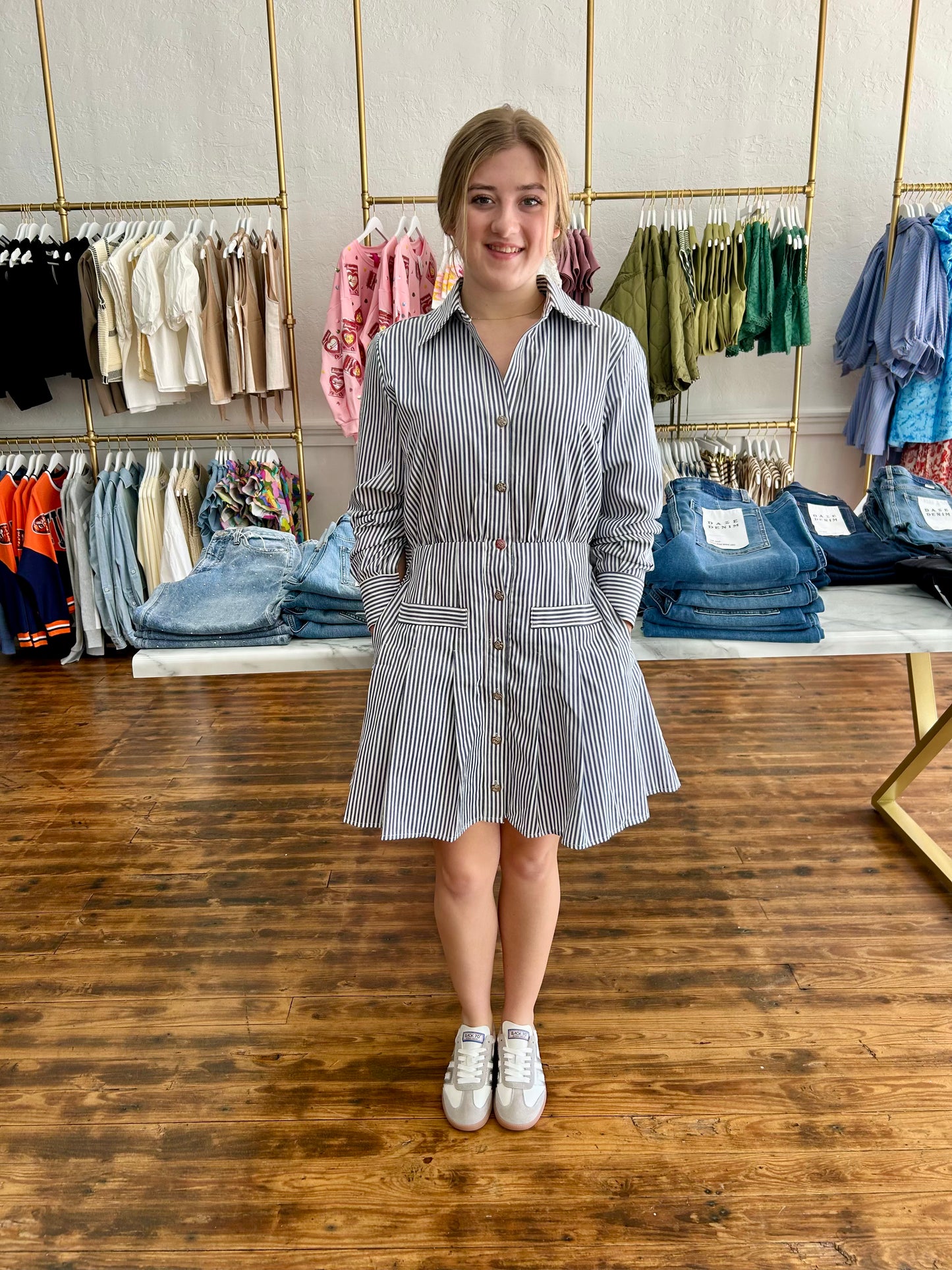 Stripe Pleated Mini Dress - Navy