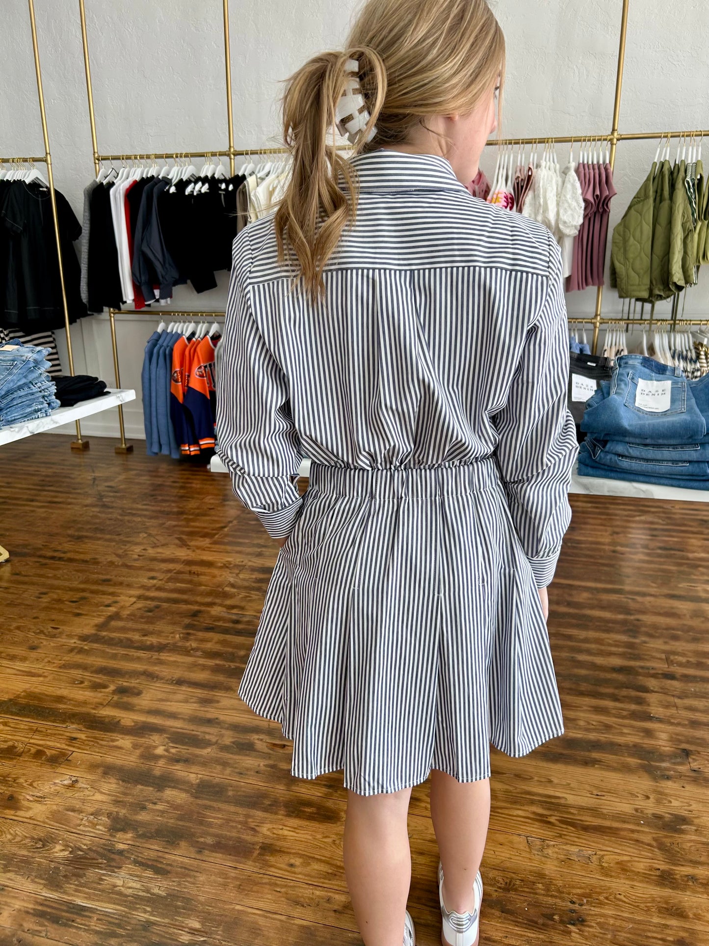 Stripe Pleated Mini Dress - Navy