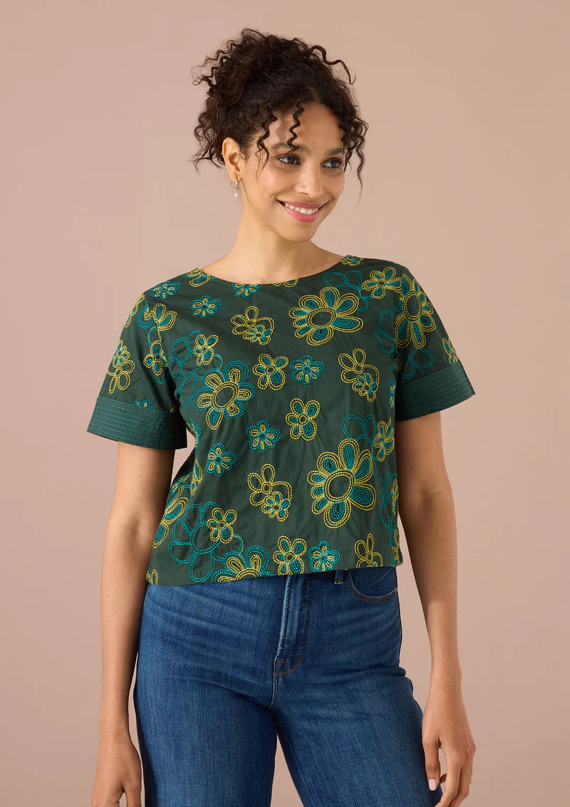 Lynn Top - Olive Retro Floral Embroidery