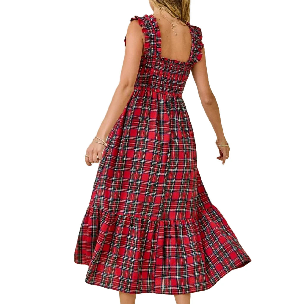Plaid Smocked Bodice Midi Dress With Ruffle Hem - Red Plaid