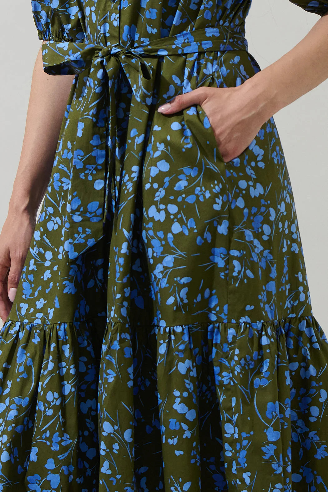 Solvay Floral Wynette Tiered Midi Dress - Green/Blue Multi