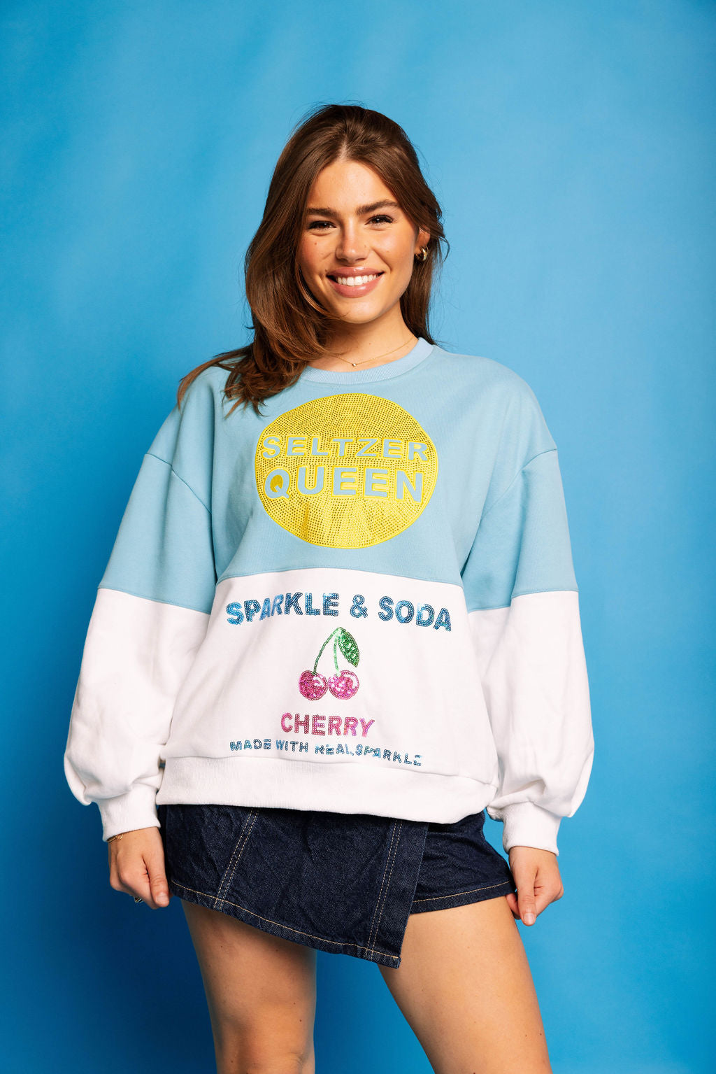 Queen of Sparkles Aqua & White Colorblock Seltzer Queen Sweatshirt