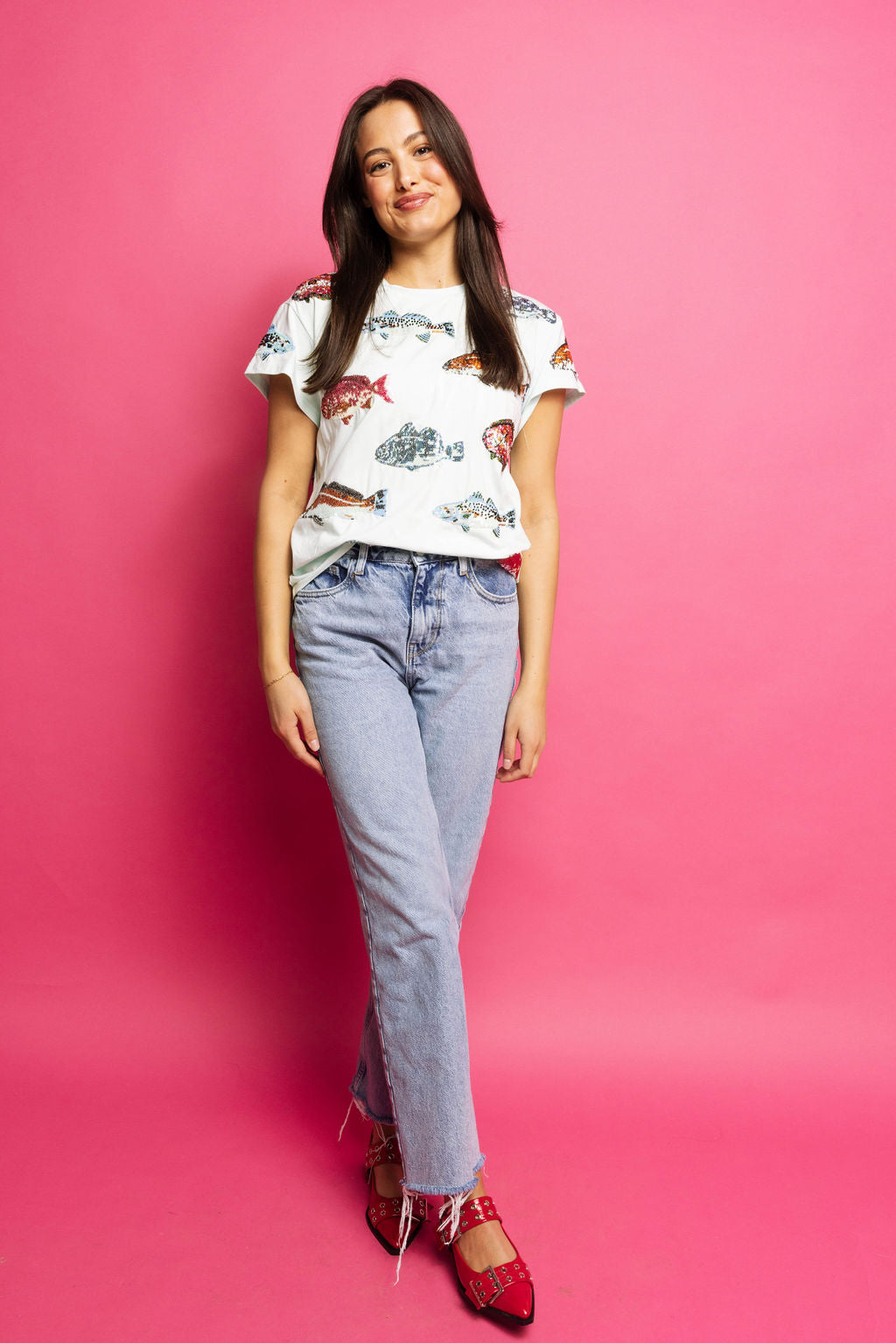 Queen of Sparkles Mint Multi Fish Tee