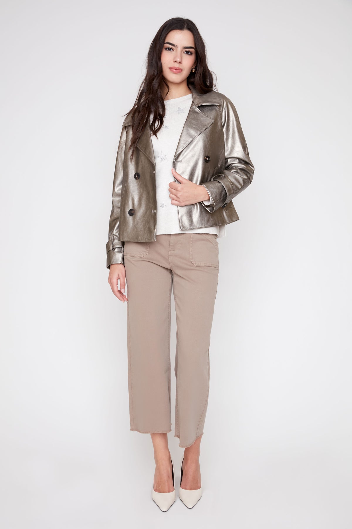 Metallic Pleather Cropped Jacket - Taupe