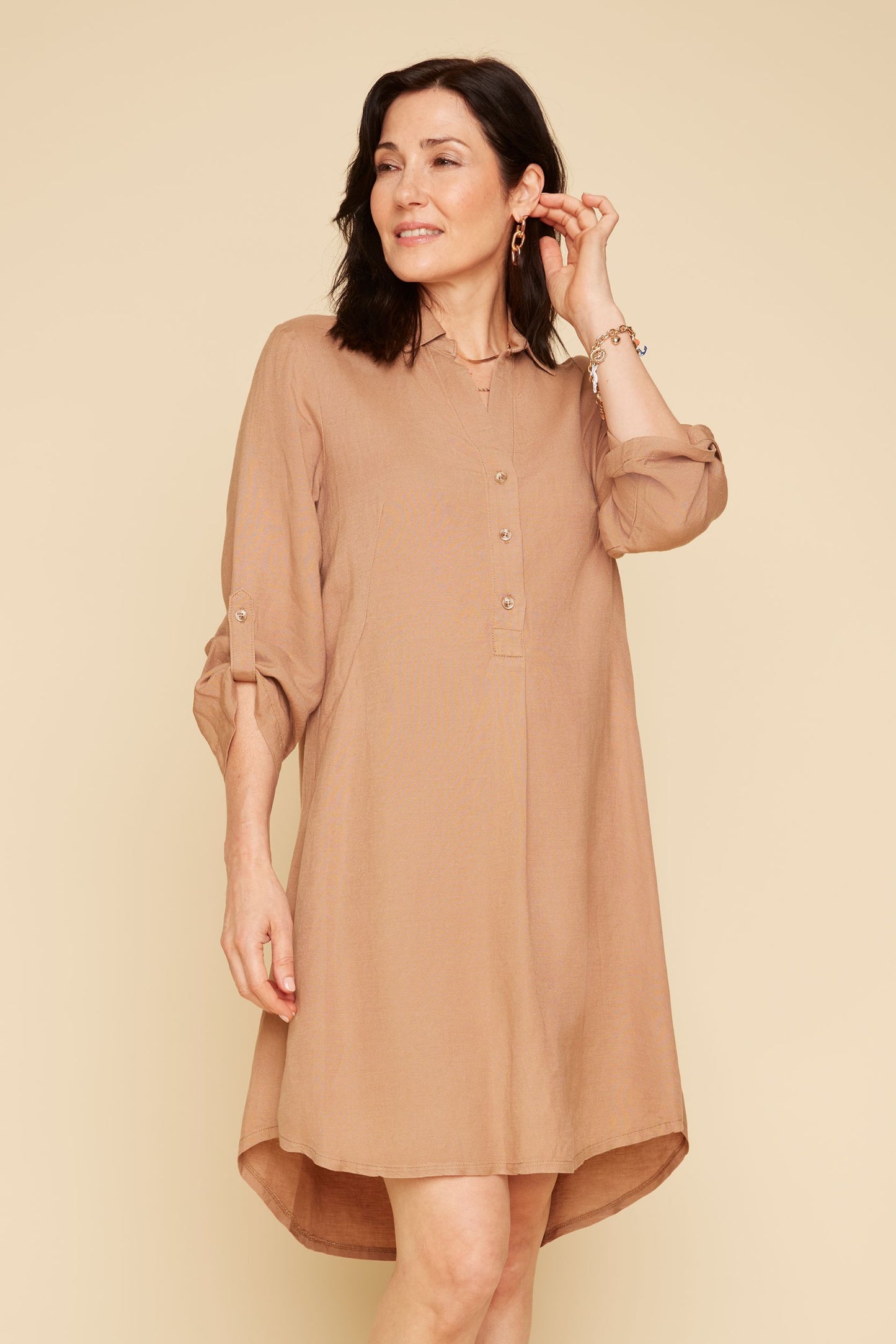 Linen Blend Shirt Dress - Tan