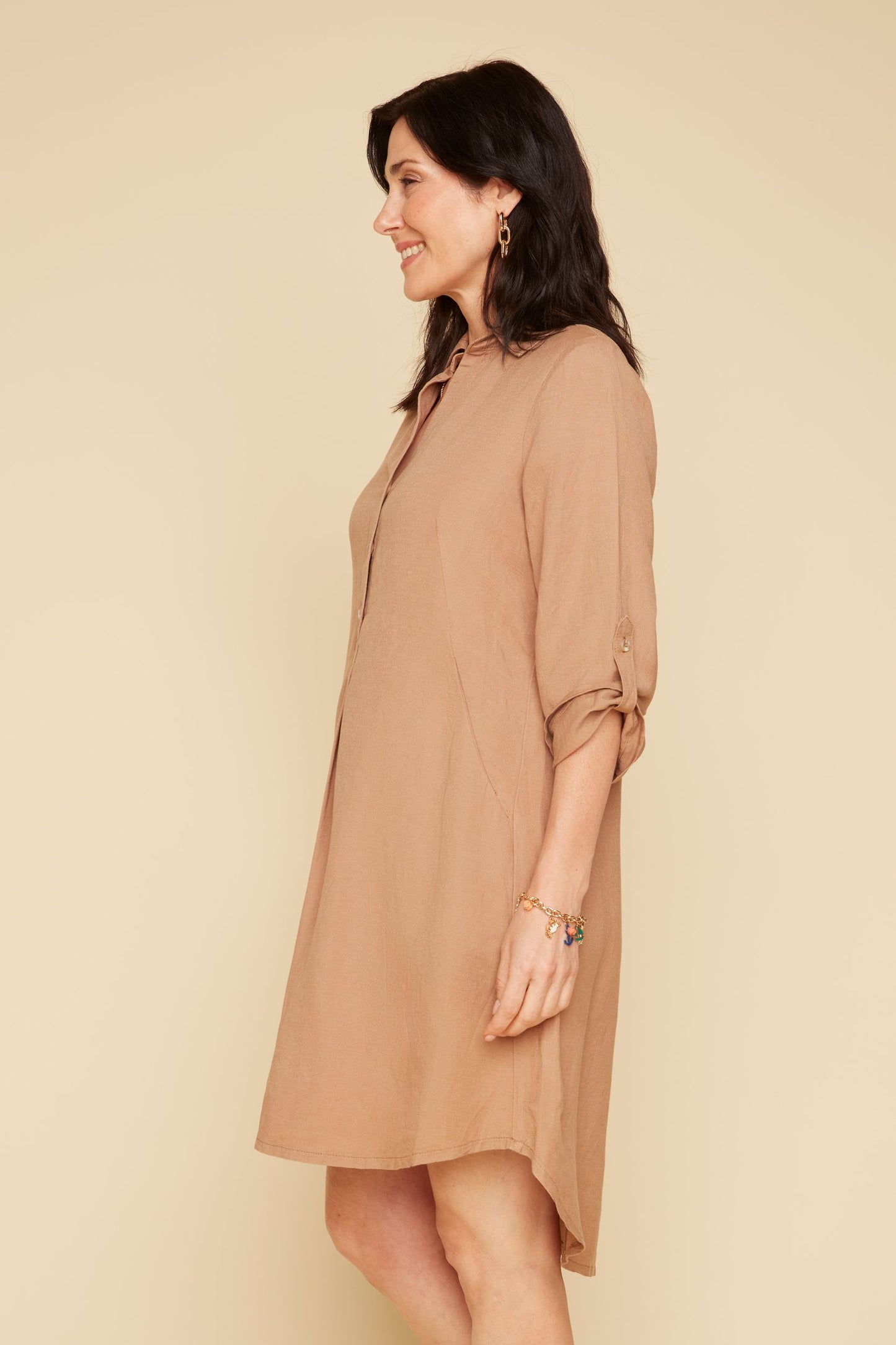 Linen Blend Shirt Dress - Tan