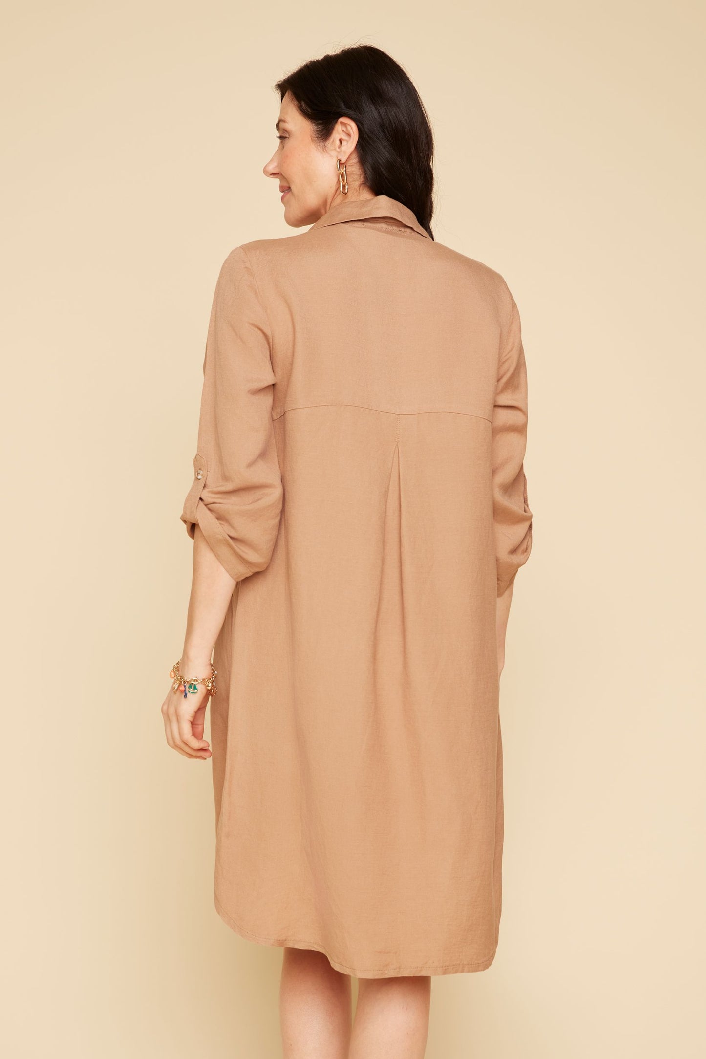Linen Blend Shirt Dress - Tan
