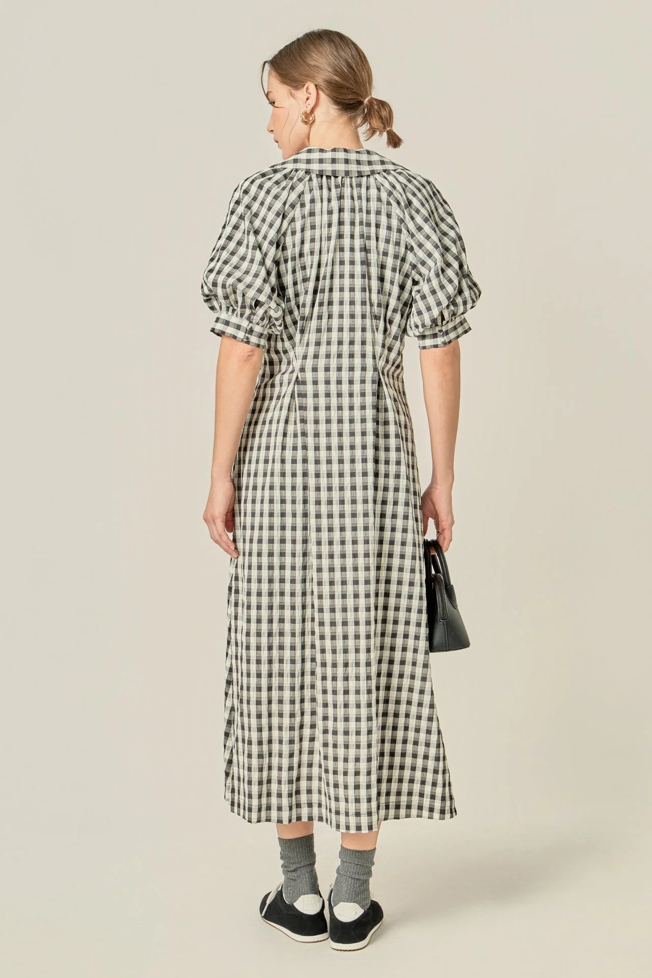 Gingham Puff Sleeve Dress - Black
