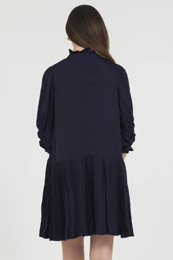 Charmeuse Mini Dress with Pleated Skirt - Midnight