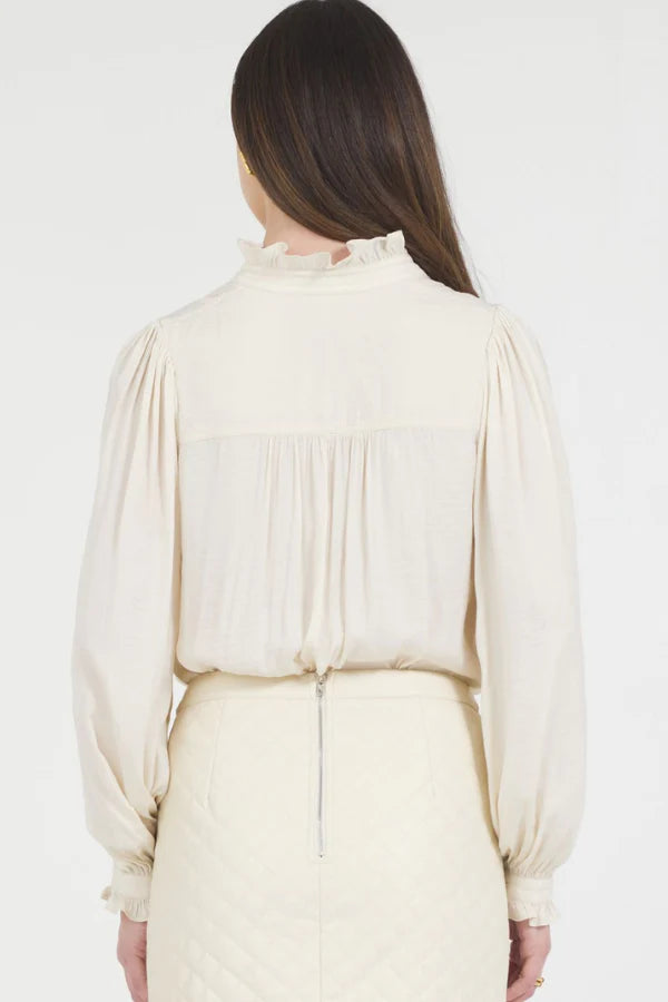 Split V-Neck Blouse with Ruffle Trim - Cream