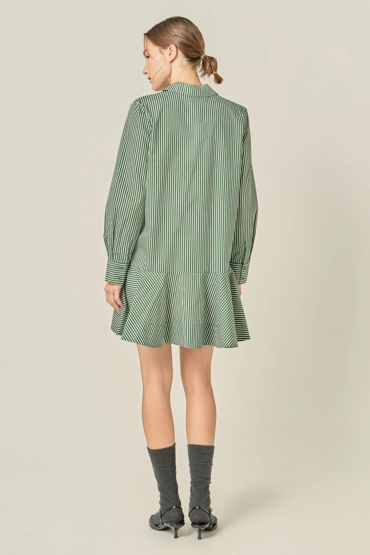 Stripe Collar Flared Skirt Dress - Dark Olive