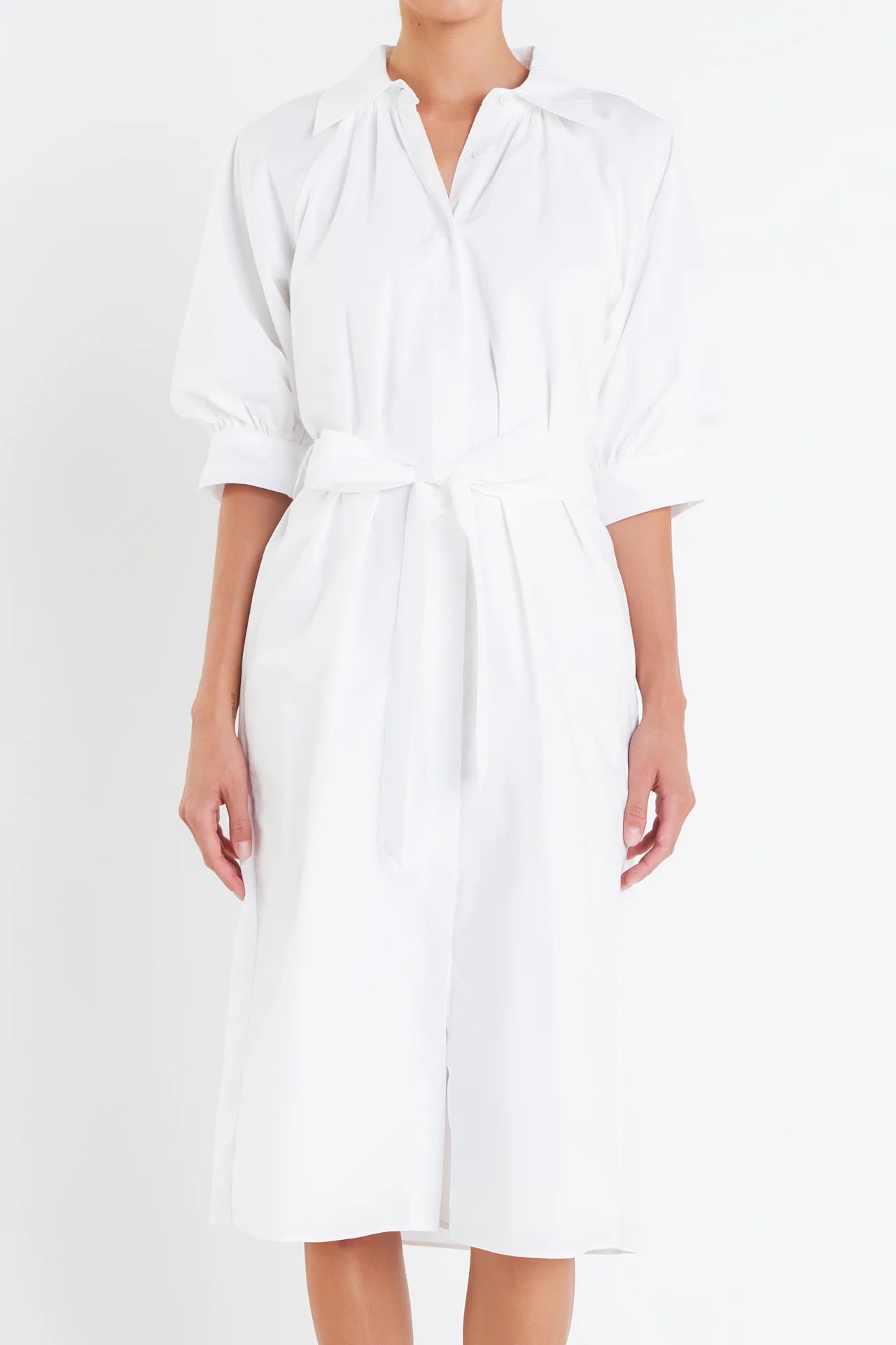 Shirringed Short Sleeves Shirt Dress - White