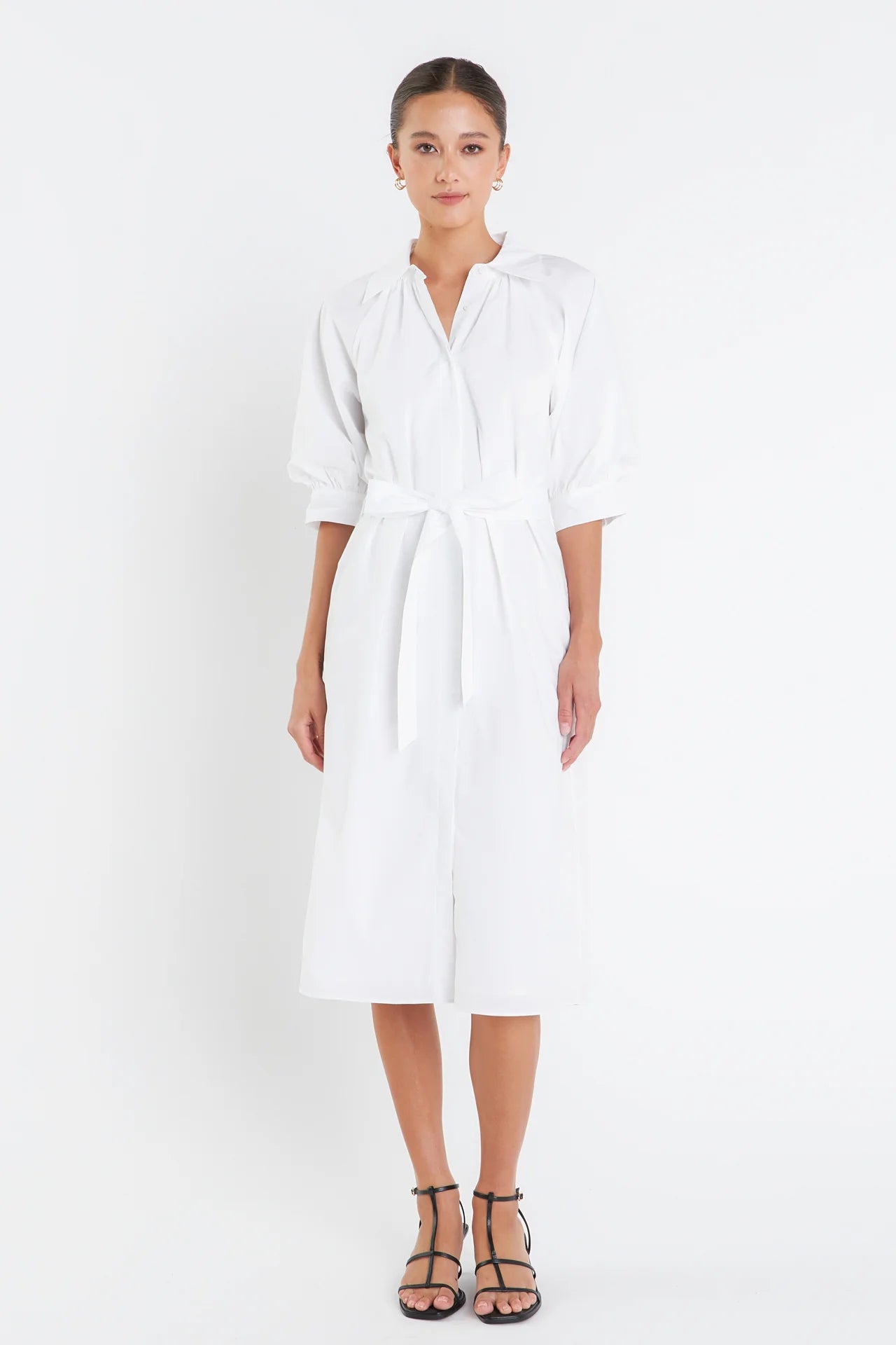 Shirringed Short Sleeves Shirt Dress - White
