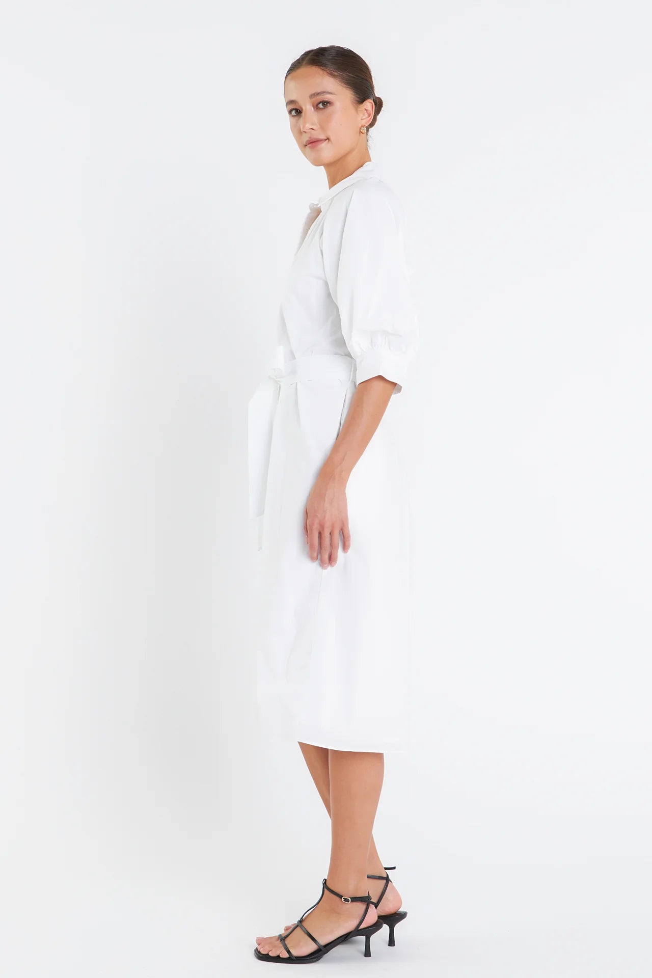 Shirringed Short Sleeves Shirt Dress - White