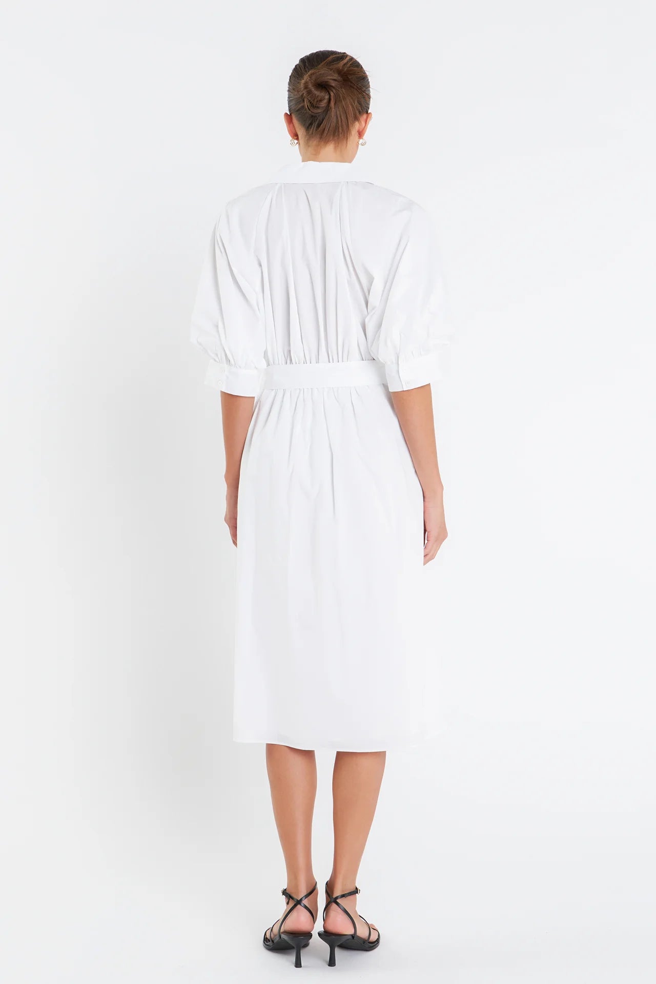 Shirringed Short Sleeves Shirt Dress - White