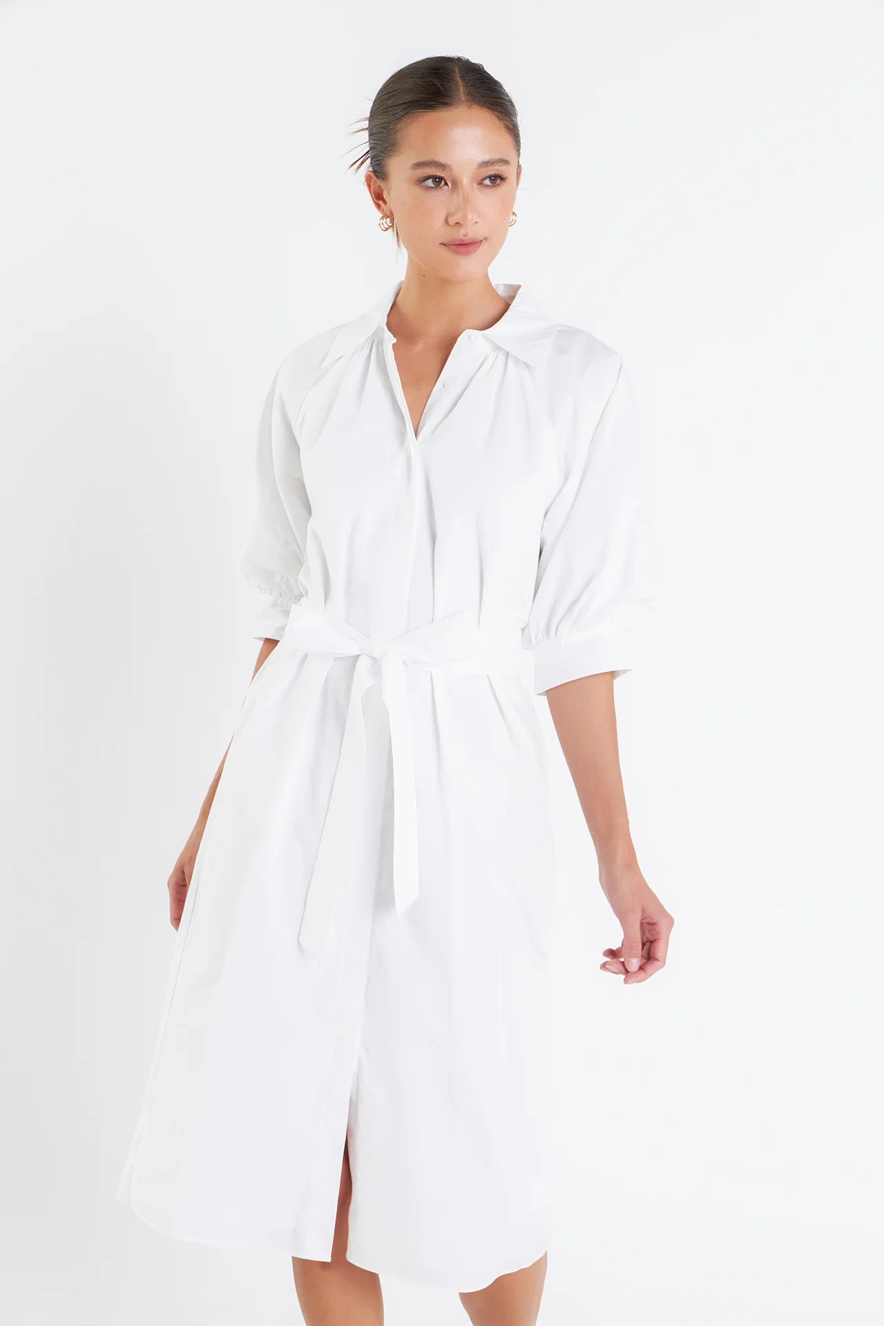 Shirringed Short Sleeves Shirt Dress - White