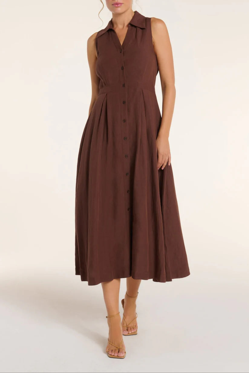 Stacia Collared Button Front Panel Midi Dress - Shaved Chocolate