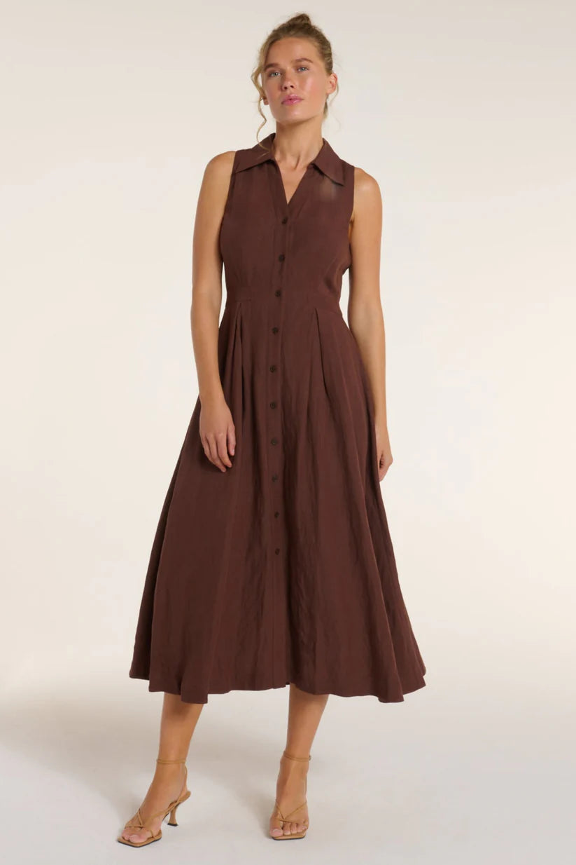 Stacia Collared Button Front Panel Midi Dress - Shaved Chocolate