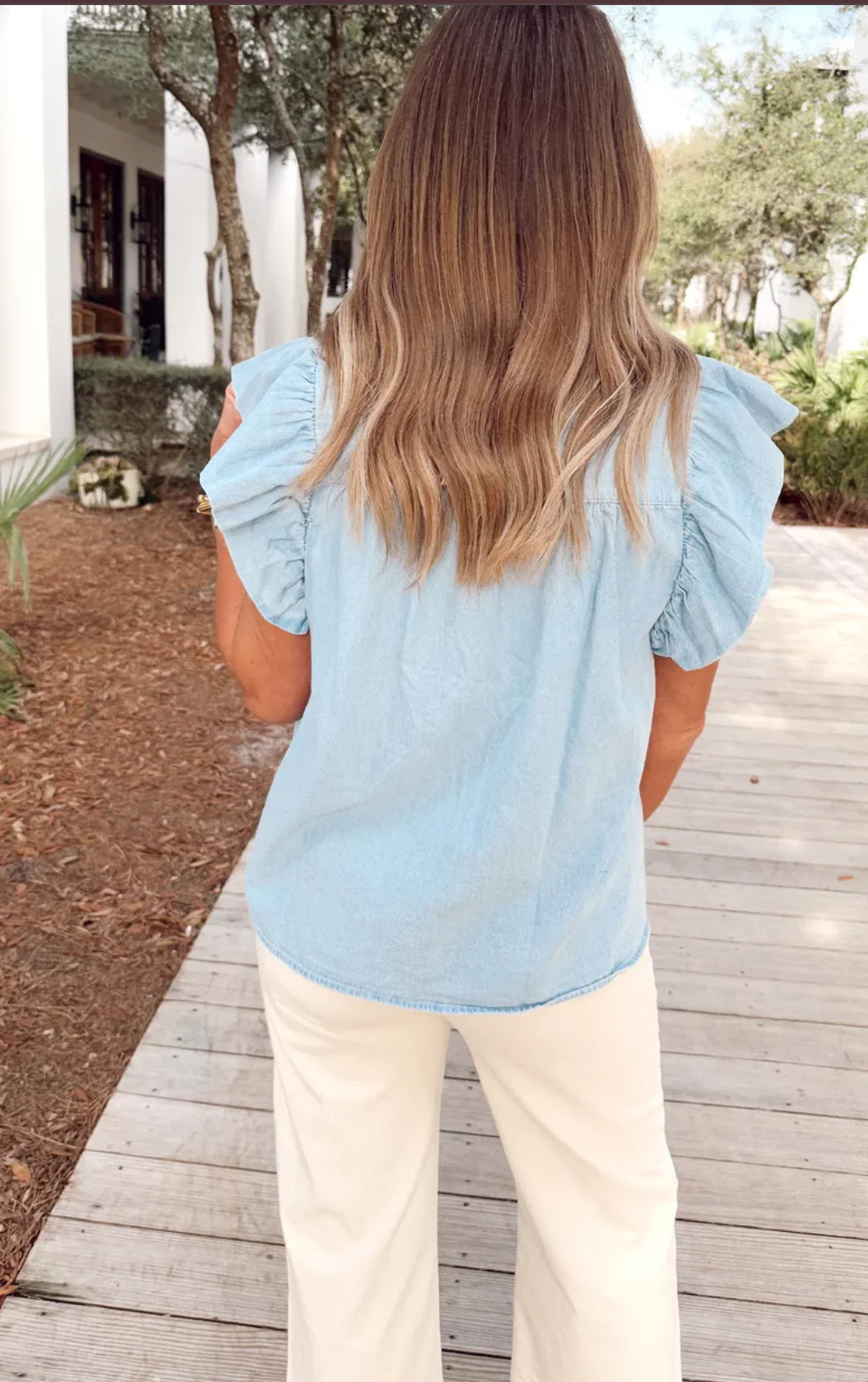 Ruffle Sleeve Collar Tank Top - Light Denim