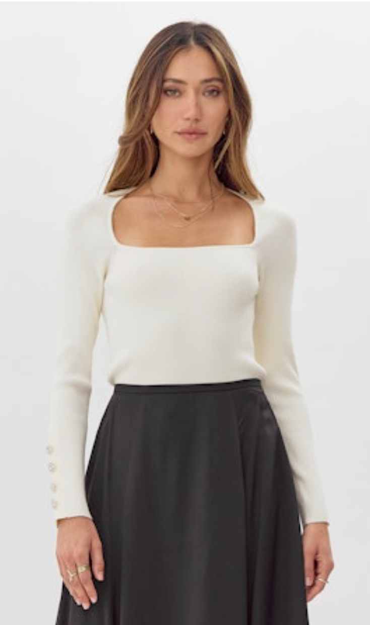 Bea Ribbed Button Cuff Knit Top - Ivory