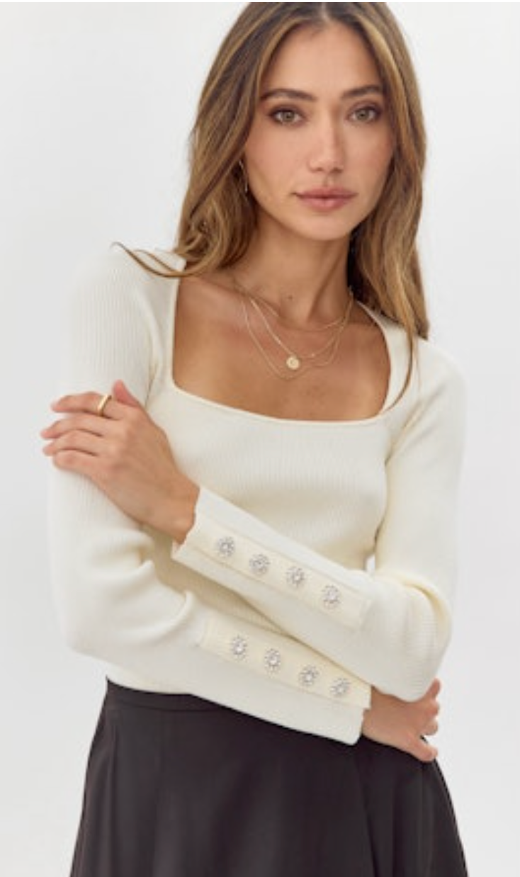 Bea Ribbed Button Cuff Knit Top - Ivory