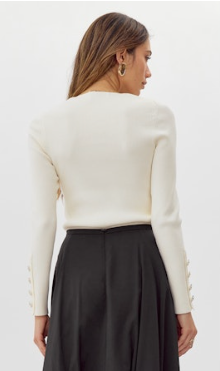Bea Ribbed Button Cuff Knit Top - Ivory