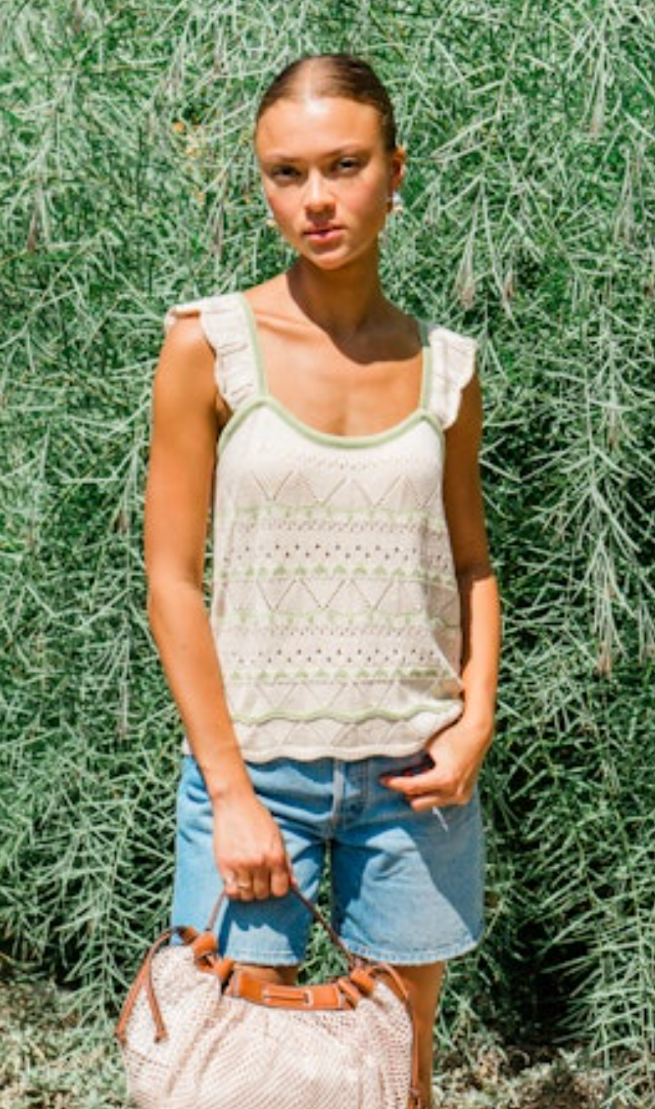 Daisy Flutter Sleeve Pointelle Sweater Top - Cream/Sage