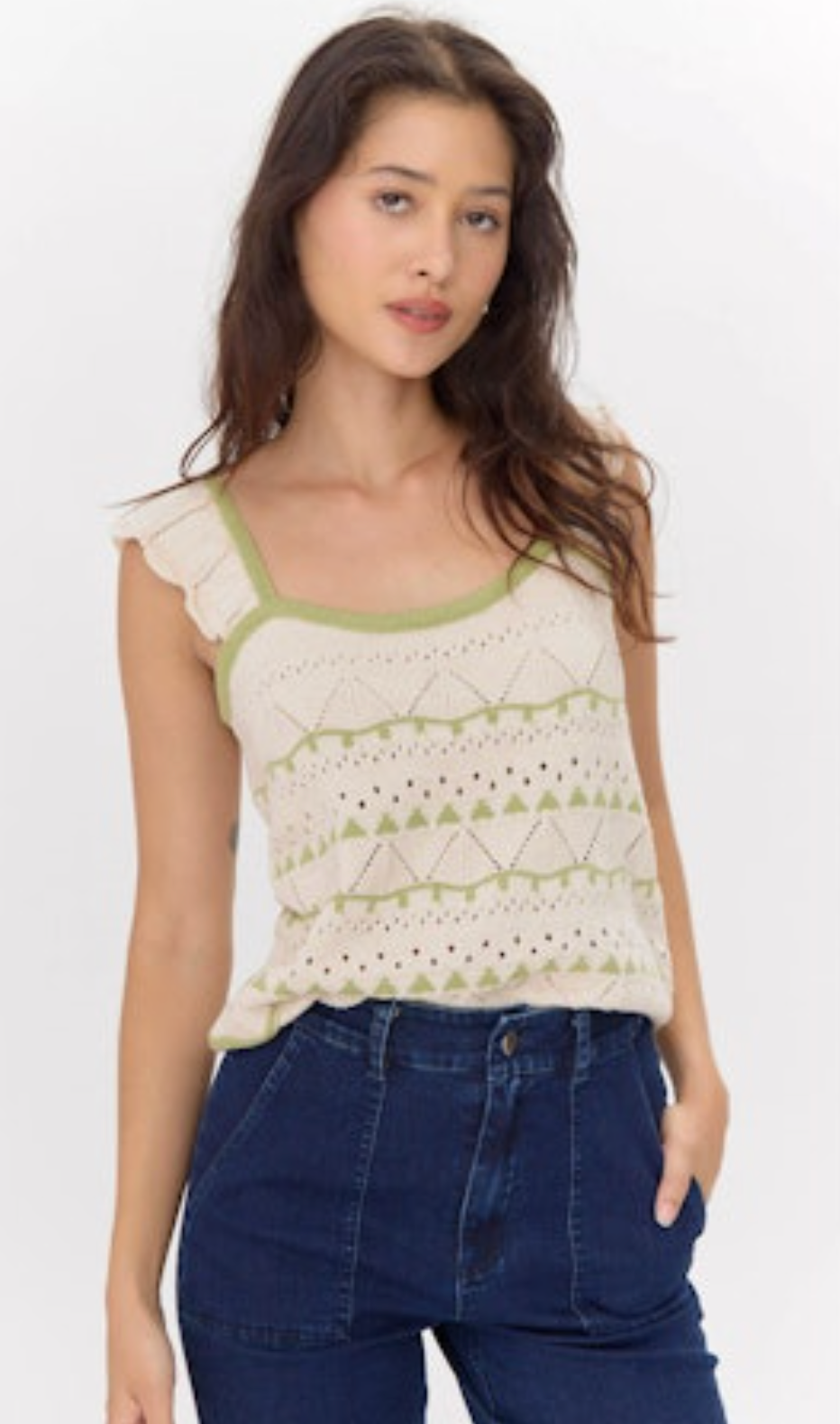 Daisy Flutter Sleeve Pointelle Sweater Top - Cream/Sage