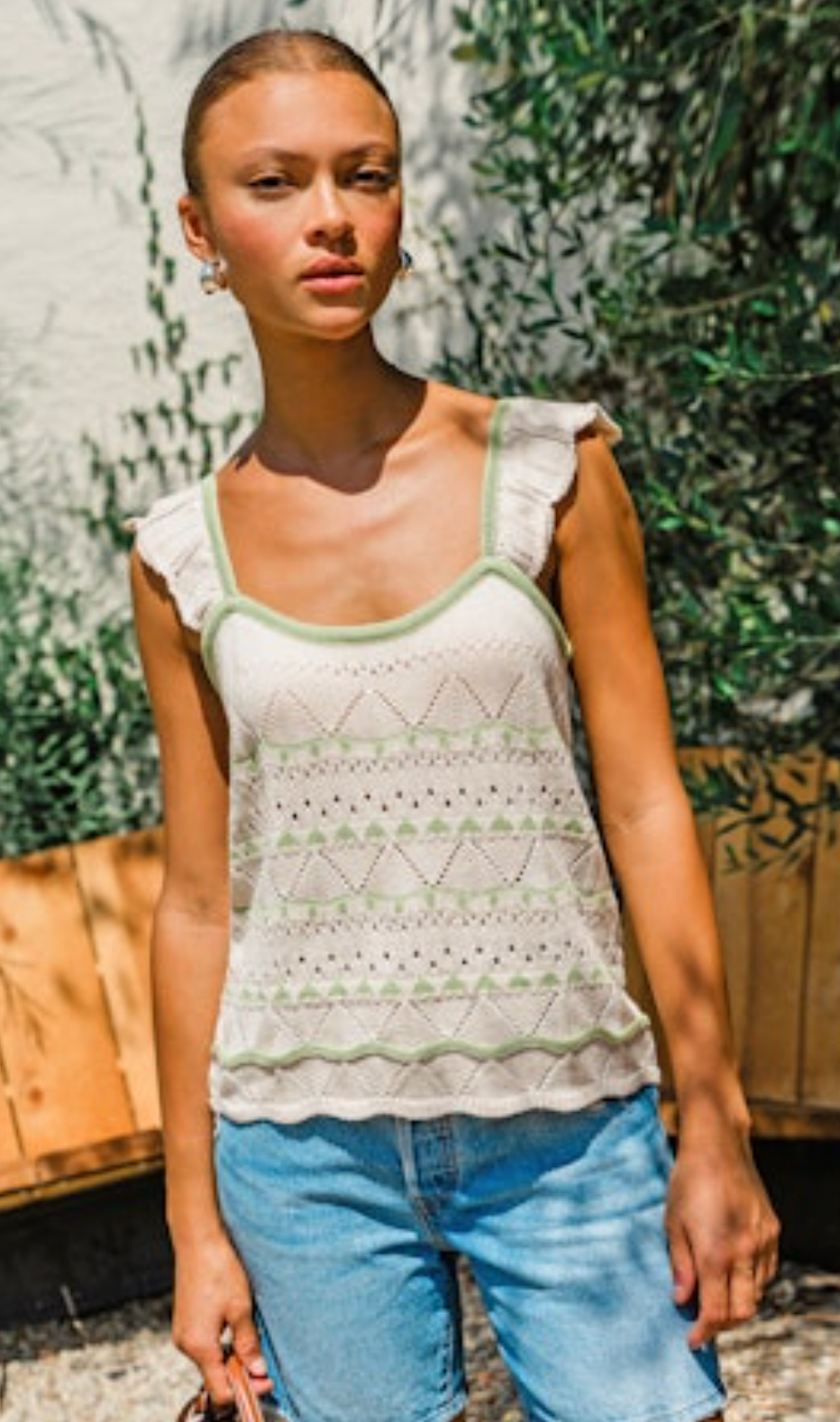 Daisy Flutter Sleeve Pointelle Sweater Top - Cream/Sage