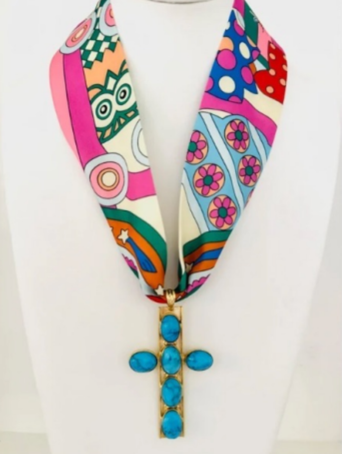 Multi Twilly with Large Turquoise Cross Necklace