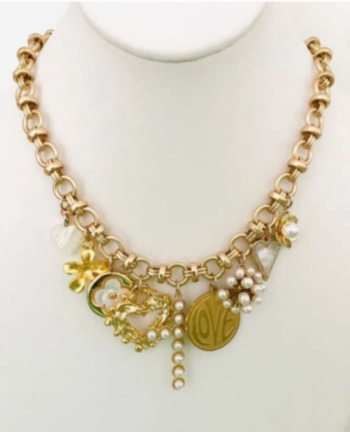 Multi Charm Pearl Cross Necklace