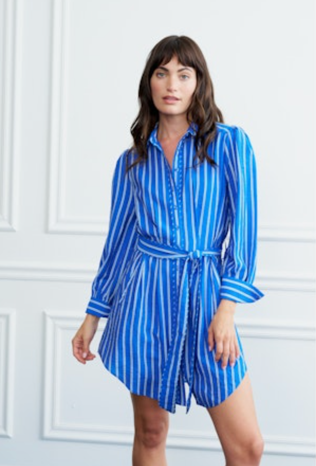 Lennie Stripe Mini Shirt Dress with Piping - Blue