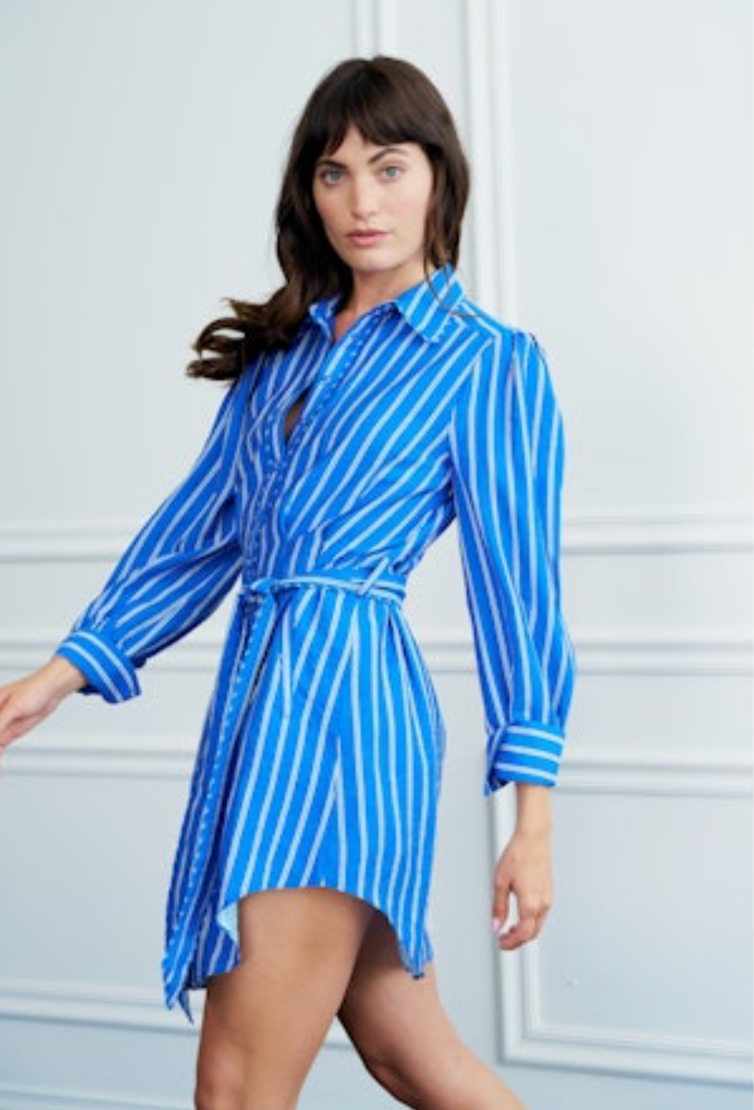 Lennie Stripe Mini Shirt Dress with Piping - Blue