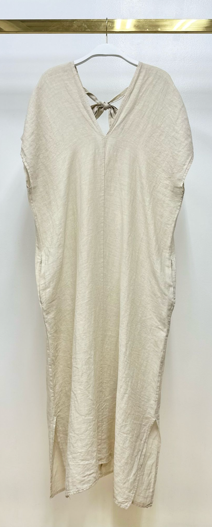 V-Neck Linen Caftan With Pocket & Bottom Slit - Beige
