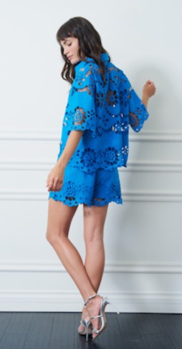Maiea Embroidered Lace Button Down Top - Blue