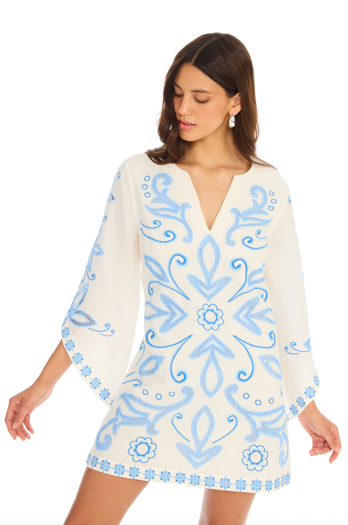 Embroidered Alina Dress - Blue/White