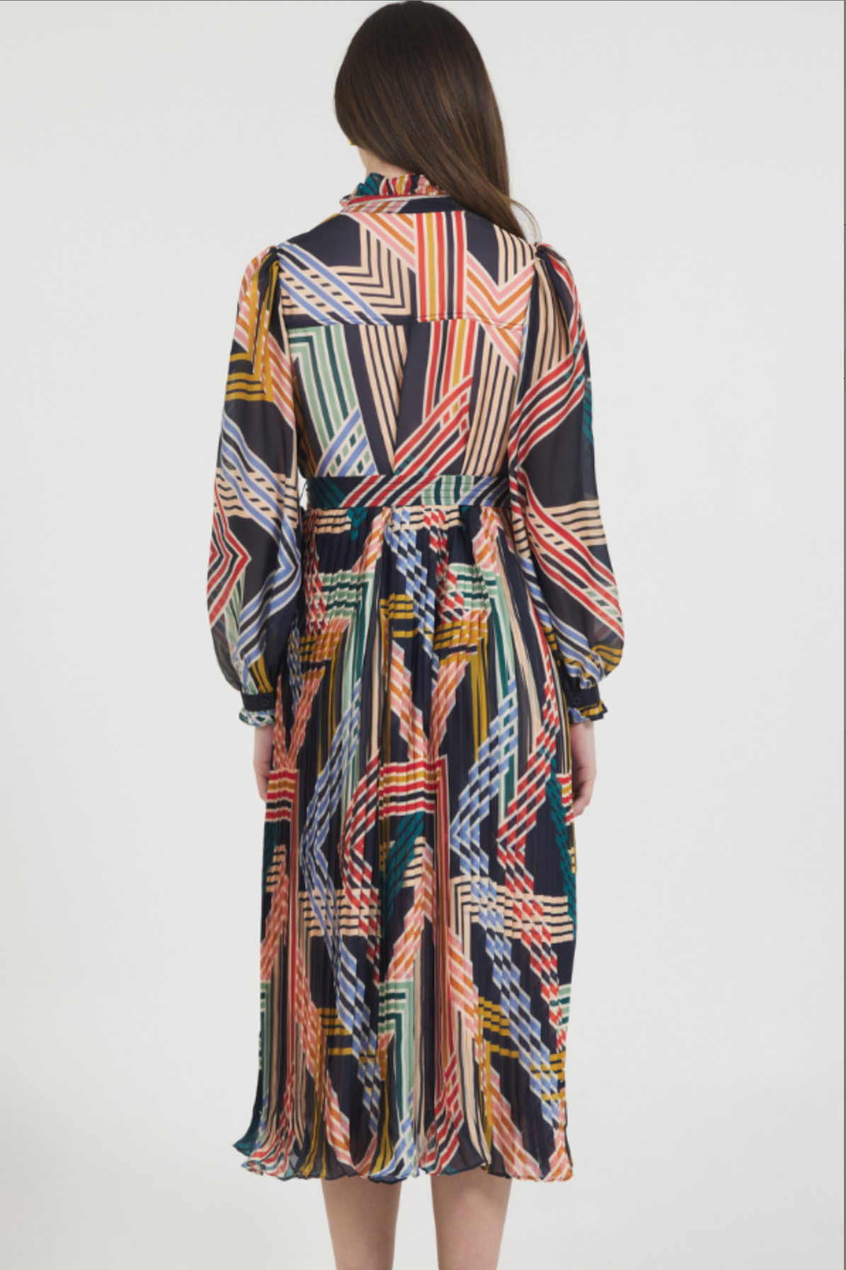 Geo Print Midi Dress with Pleated Skirt