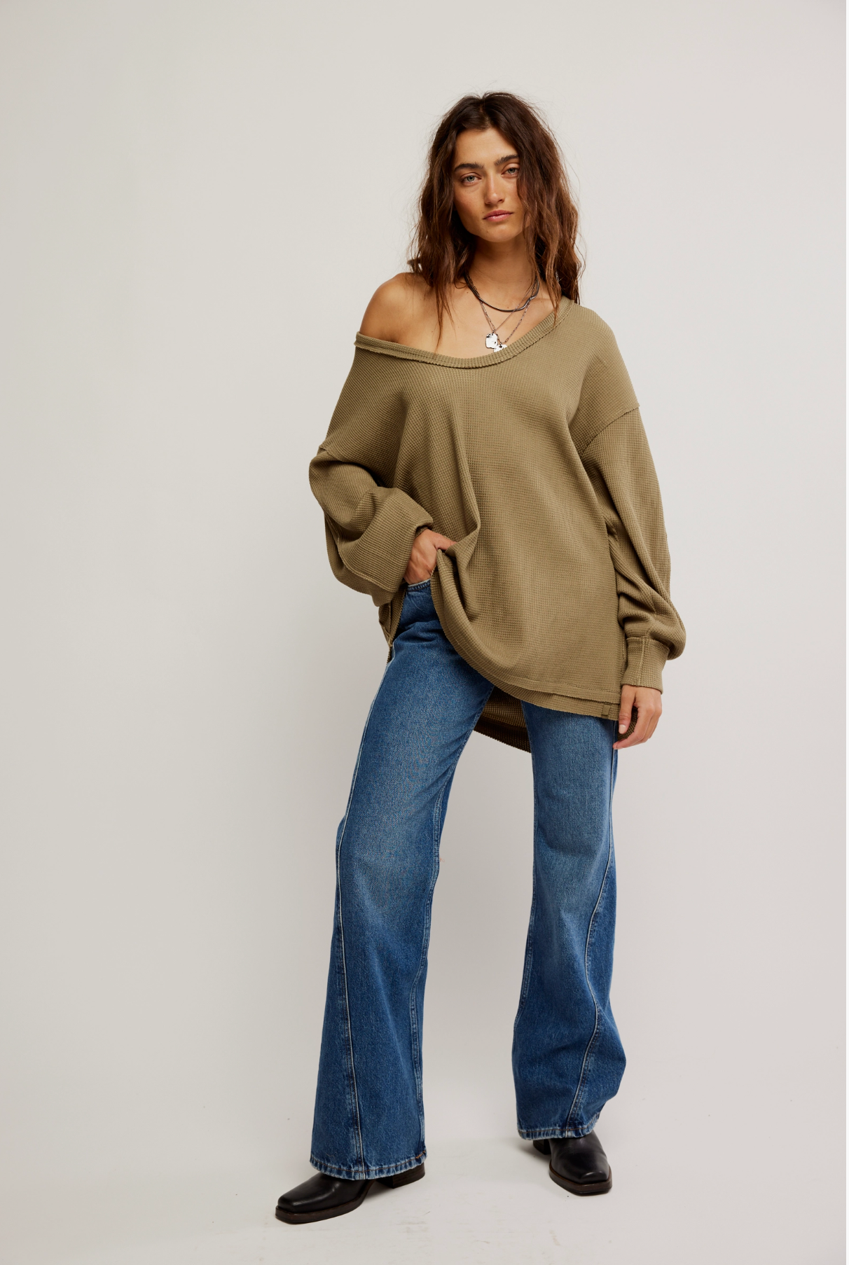 Free People Coast 2 Coast Thermal Top - Gothic Olive Cross Dye