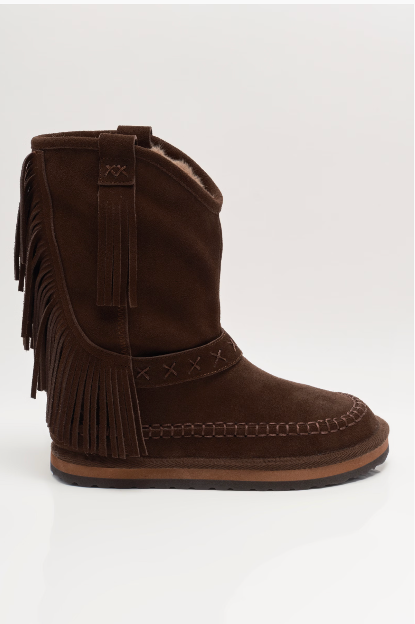 Free People Faye Fringe Pull On Boots - Chocolate Suede