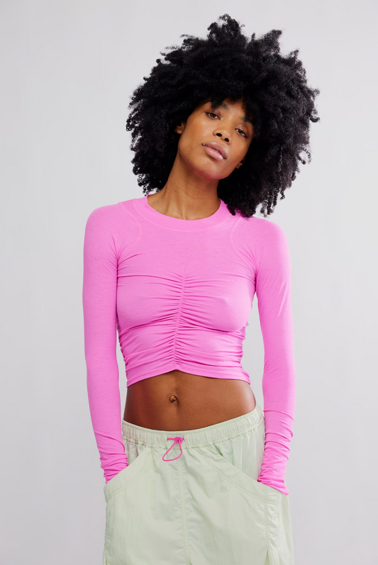 Free People Tempo Ruched Long Sleeve Shirt - Fuchsia Flirt