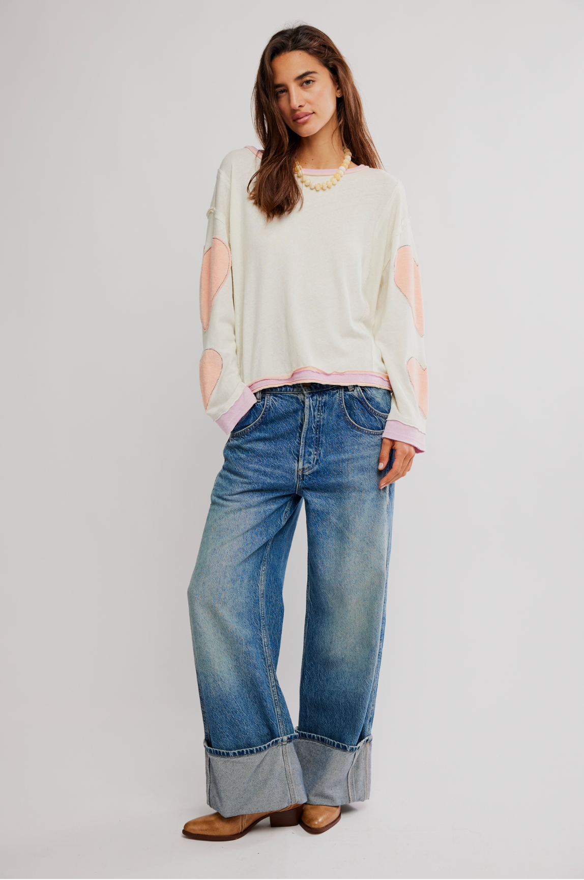 Free People You're A Star Long Sleeve Tee Shirt - Mint Heart Combo