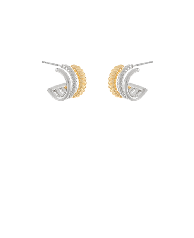 3 Line Rope Textured Hoop Earrings - Two Tone