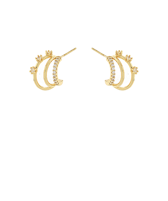 Layered Pave CZ Stud Hoop Earrings - Gold