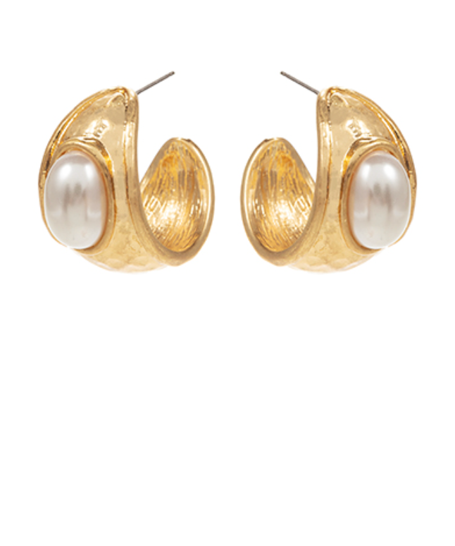 Pearl Accent Ring Shaped Hoop Earrings - Vintage Gold