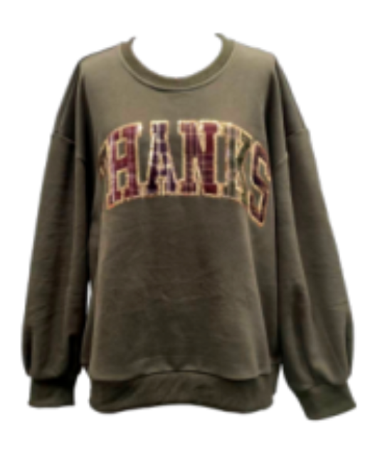 Queen of Sparkles Brown Plaid 'Thanks' Sweatshirt
