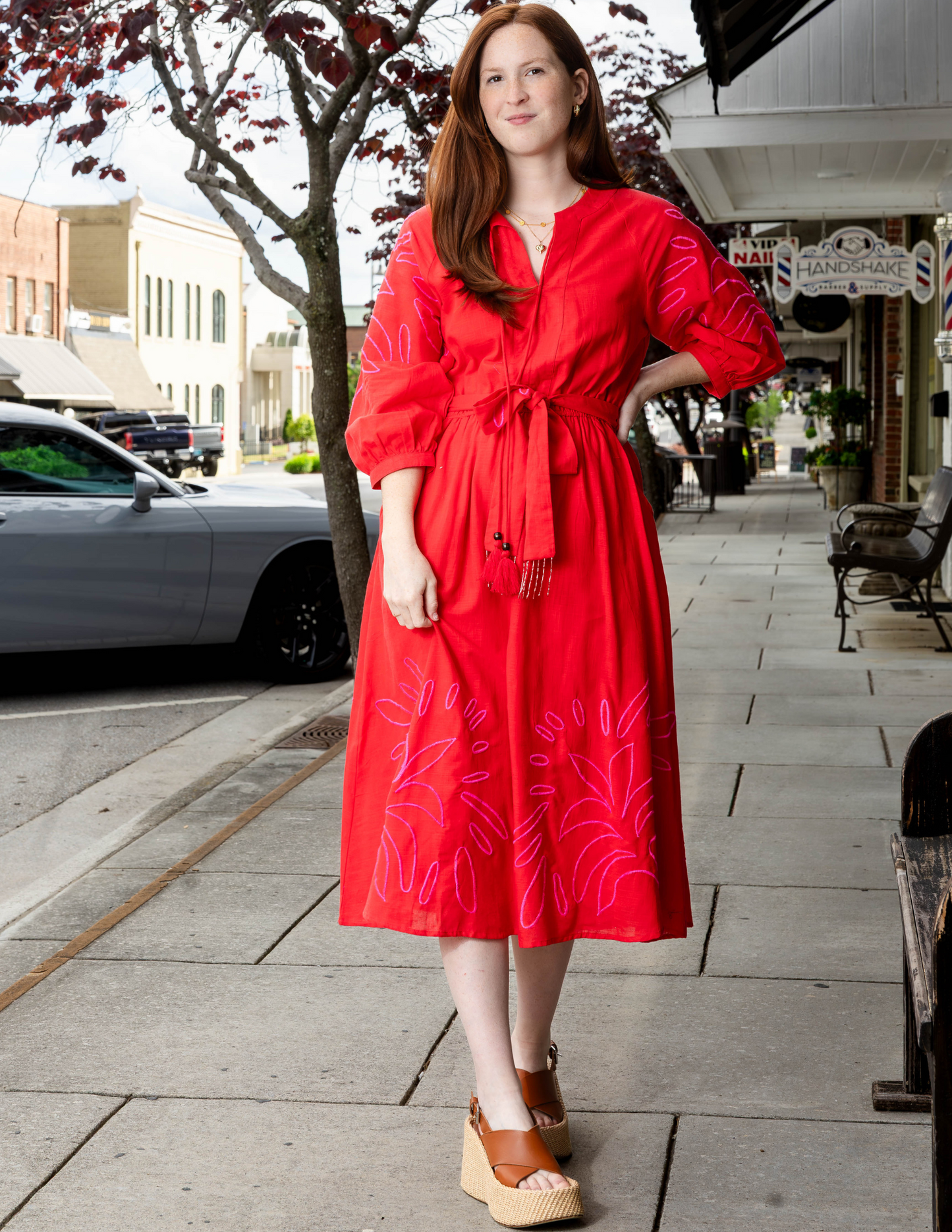 Eliza Embroidered Long Sleeve Midi Dress - Red/Pink