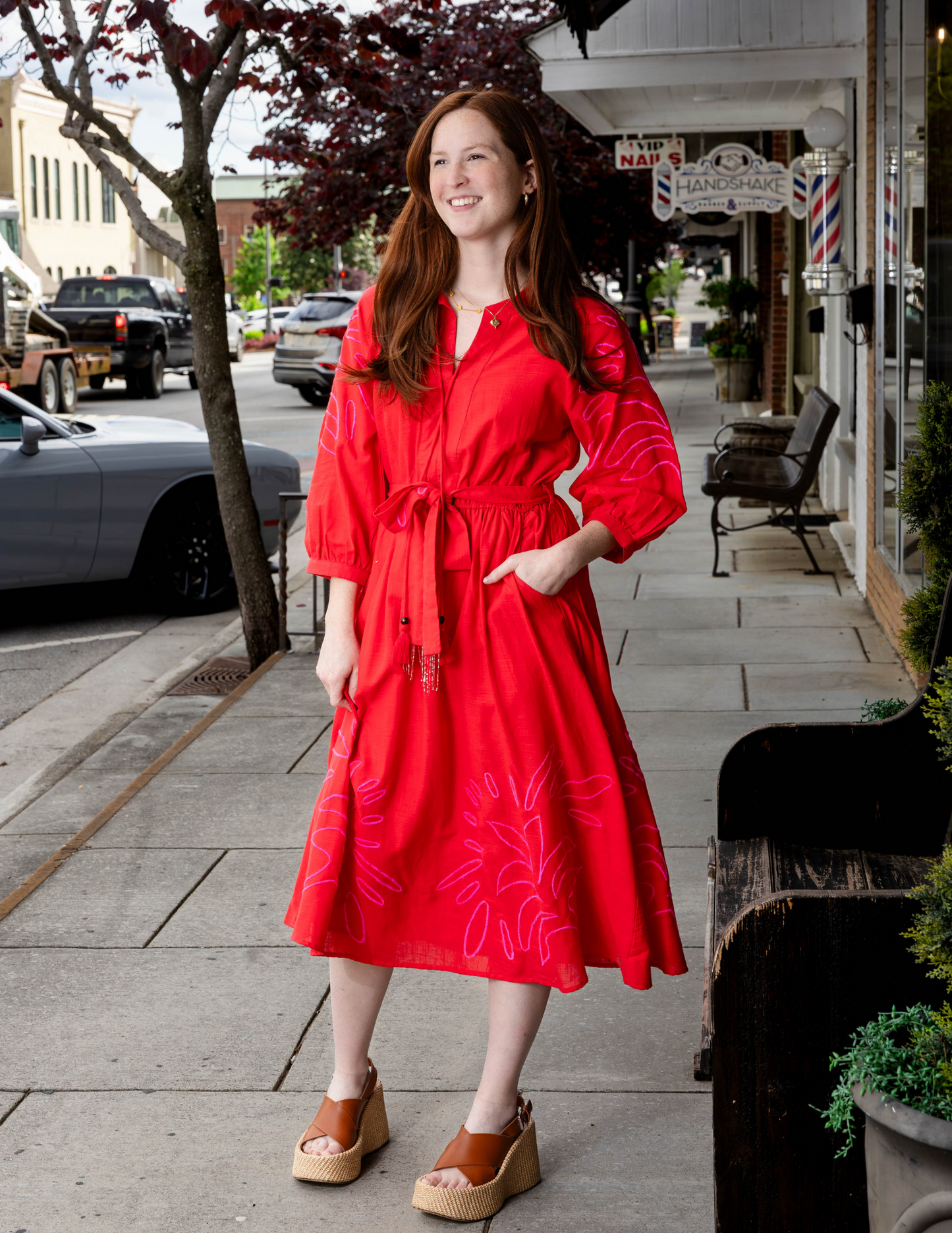 Eliza Embroidered Long Sleeve Midi Dress - Red/Pink
