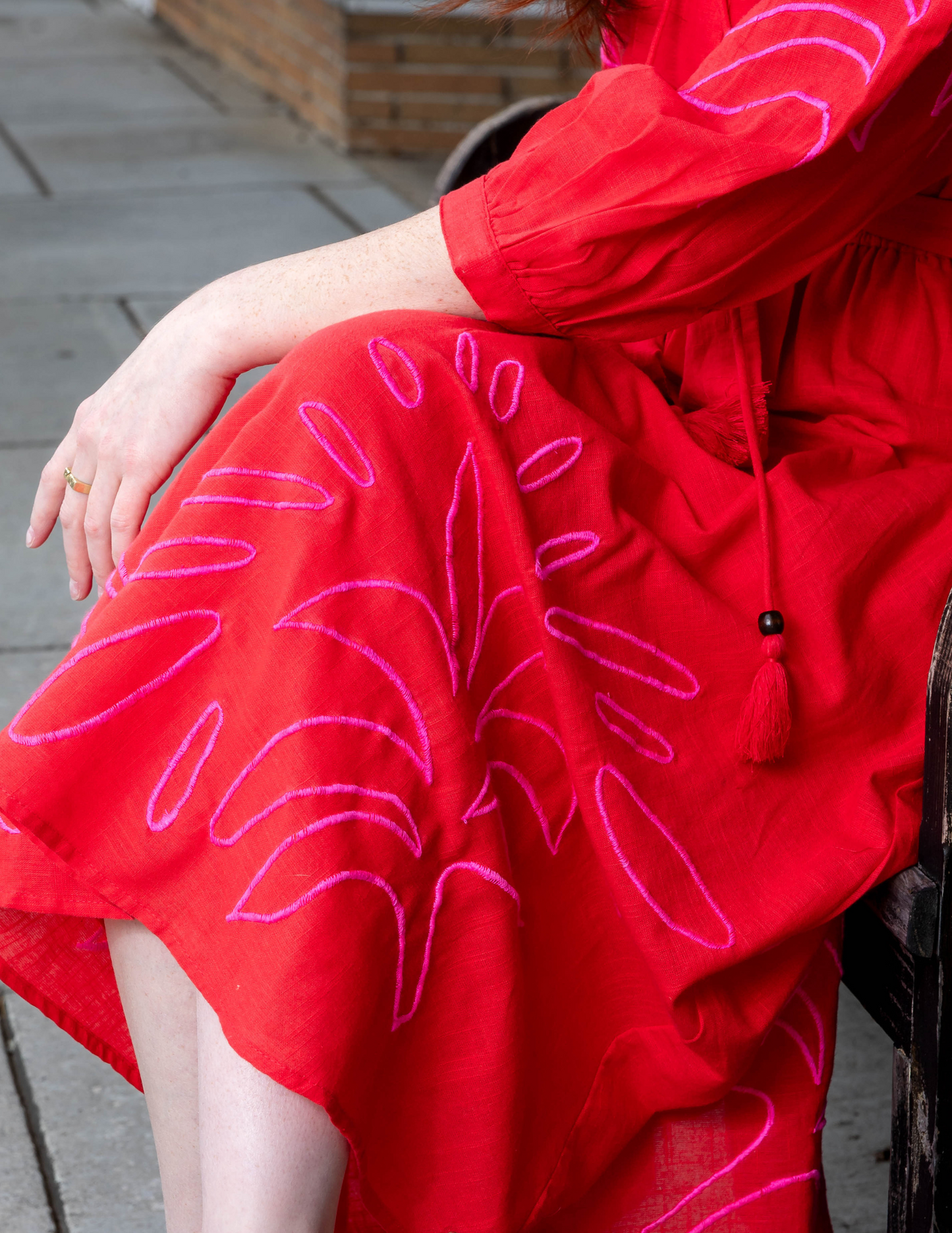 Eliza Embroidered Long Sleeve Midi Dress - Red/Pink