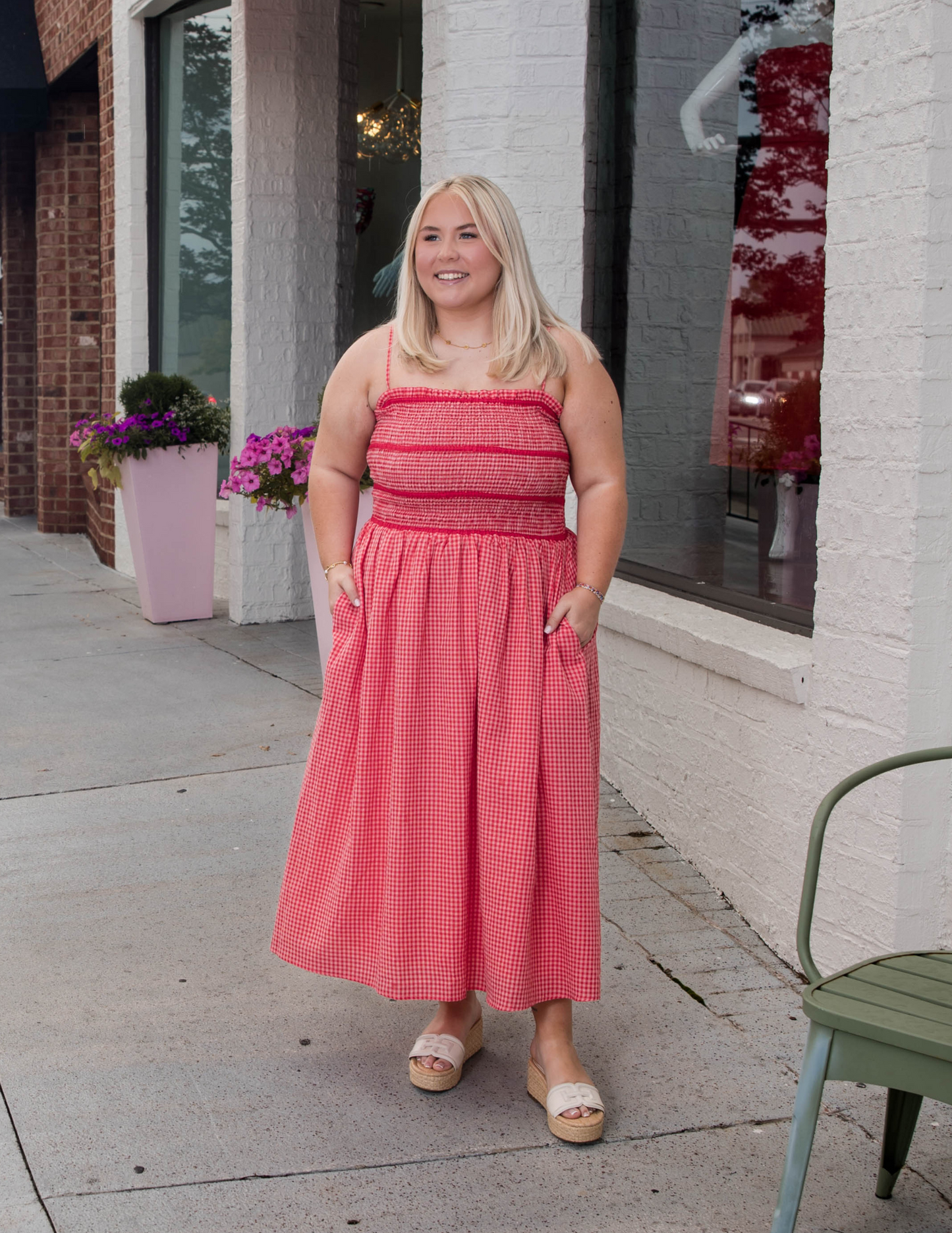Combo Binding Gingham Midi Dress - Red